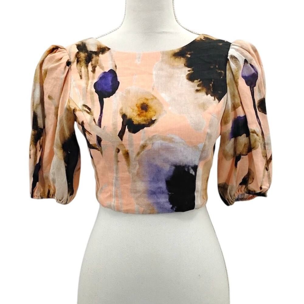 Karina Girmaldi Linen Open Back Crop Top Wrap Tie Floral Peach Pink Size XS